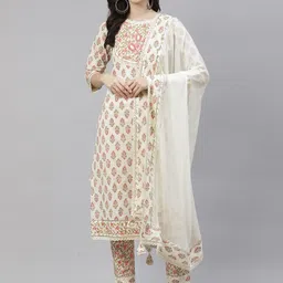 KALINI Ethnic Motifs Printed Thread Work Pure Cotton Kurta & Trousers With Dupatta-7