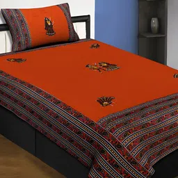 JAIPUR FABRIC Orange & Yellow Ethnic Motifs Printed Cotton 220 TC Single Bedsheet Set-image-12