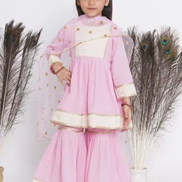 Little Bansi Girls Striped Sequinned Pure Cotton Kurta With Sharara & Dupatta-image-42