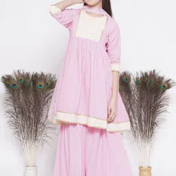 Little Bansi Girls Pink Striped Patch Work Pure Cotton Kurta With Sharara & Dupatta-image-10
