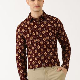 Thomas Scott Classic Slim Fit Ethnic Motifs Printed Pure Cotton Corduroy Semiformal Shirt-image-105