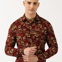 Thomas Scott Classic Slim Fit Corduroy Floral Printed Pure Cotton Semiformal Shirt-image-95