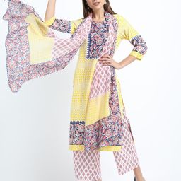 Vishudh Women Yellow Ethnic Motifs Printed Kurta with Palazzos & With Dupatta-13