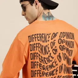 Difference of Opinion Men Coral Orange Printed Pure Cotton Loose Longline T-shirt-image-83