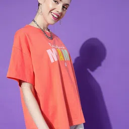 STREET 9 Women Coral Typography Printed Oversized Cotton Outdoor T-shirt-image-90