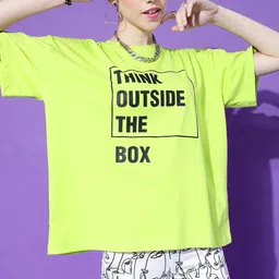 STREET 9 Women Lime Green Typography Printed Extended Sleeves Oversized Pure Cotton T-shirt-picture-32