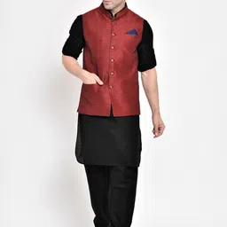 Hangup Men Maroon Kurta with Pyjamas & With Nehru Jacket-43