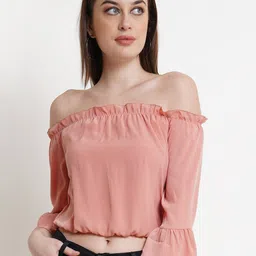 DODO & MOA Peach-Coloured Off-Shoulder Ruffled Bell Sleeves Bardot Crop Top-image-72
