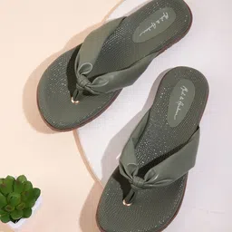 Mast & Harbour Women Green Solid Open Toe Flats with Knot Detail-35