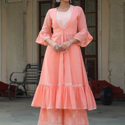 Juniper Peach-Coloured & White Embroidered Top with Palazzos & Shrug Co-Ord Set-5
