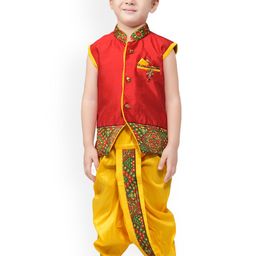 BAESD Boys Ethnic Motifs Woven Design Silk Cotton Straight Kurta With Dhoti Pants-11