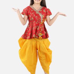 BownBee Girls Red Floral Printed Angrakha Top with Dhoti Pants-image-28
