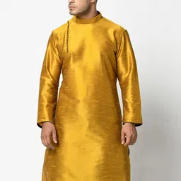 DEYANN Men Yellow Dupion Silk Kurta with Dhoti Pants-17