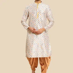 KISAH Men White Floral Printed Mirror Work Kurta with Dhoti Pants-14