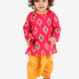 KID1 Boys Pink & Yellow Ikkat Printed Pure Cotton Kurta with Dhoti Pants-24