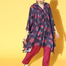 Varanga Women Navy Blue Floral Printed Pleated Kurta with Palazzos-56