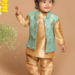 VASTRAMAY Boys Rose Gold & Green Silk Blend Kurta & Pyjamas with Nehru Jacket-29