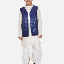 Little Bansi Boys White Striped Gotta Patti Kurta with Dhoti Pants & Jacket-22