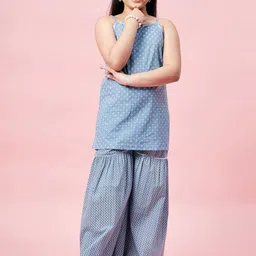 Stylo Bug Girls Blue Striped Layered Pure Cotton Kurti with Dhoti Pants-image-92