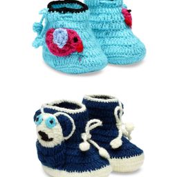 CHUTPUT Infants Set of 2 Blue Hand Knitted Woollen Crochet Booties-5