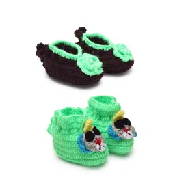 CHUTPUT Kids Pack Of 2 Green & Black Hand knitted Crochet Booties Set-12