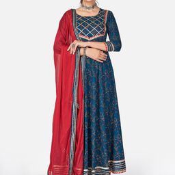 KALINI Turquoise Blue Ethnic Motifs Gotta Patti Pure Cotton Kurta with Trousers & Dupatta-image-15