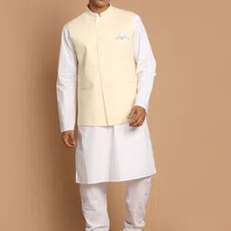 VASTRAMAY Men White Pleated Pure Cotton Kurta with Pyjamas-picture-42