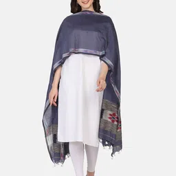 THE WEAVE TRAVELLER Grey & Red Pure Cotton Ikat Dupatta-image-69
