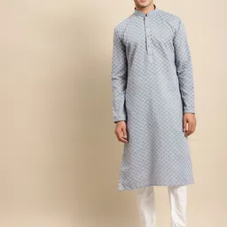 RAJUBHAI HARGOVINDAS Men Blue Embroidered Chikankari Pure Cotton Kurta with Pyjamas-30