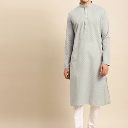 RAJUBHAI HARGOVINDAS Men Grey Embroidered Chikankari Pure Cotton Kurta with Pyjamas-image-66