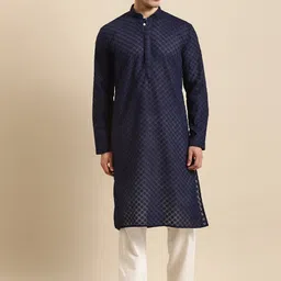 RAJUBHAI HARGOVINDAS Men Navy Blue Embroidered Regular Chikankari Pure Cotton Kurta with Pyjamas-picture-11
