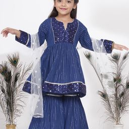 Little Bansi Girls Blue Empire Pure Cotton Kurta with Sharara & With Dupatta-image-39