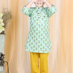 LIL PITAARA Boys Green Ethnic Motifs Printed Pure Cotton Kurta with Pyjamas-15