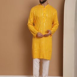 Anouk Striped Embroidered Mandarin Collar Long Sleeves Cotton Kurta with Churidar-picture-46