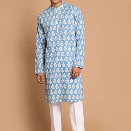 SHVAAS by VASTRAMAY Men Blue & White Pure Cotton Thread Work Sustainable Kurta with Pyjamas-picture-26