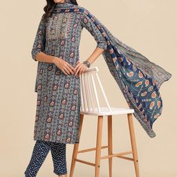 KALINI Bandhani Printed Mirror Work Pure Cotton Kurta with Trousers & Dupatta-picture-0