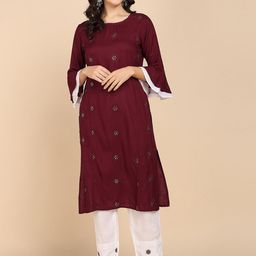 VAHSON Ethnic Motifs Printed Round Neck Regular Mirror Work Pure Cotton Kurta with Trouser-16