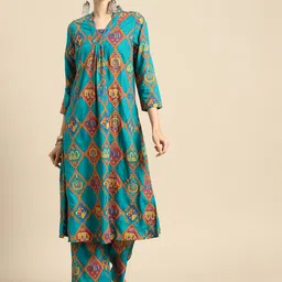 Anouk Women Teal Blue & Rust orange Ethnic Motifs Printed Pure Cotton Kurta with Palazzos-3