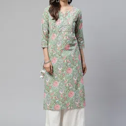 Divena Women Green Floral Printed Regular Gotta Patti Pure Cotton Kurti with Palazzos-image-9