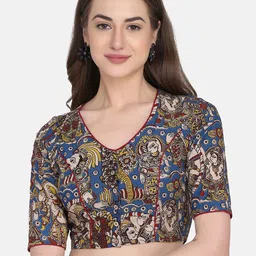 THE WEAVE TRAVELLER Women Blue & Maroon Kalamkari Printed Cotton Saree Blouse-image-65