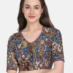 THE WEAVE TRAVELLER Women Blue & Maroon Block Printed Kalamkari Non Padded Saree Blouse-image-55