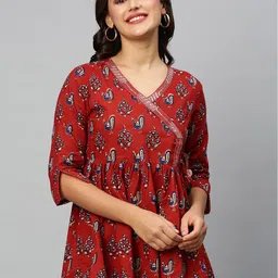 KALINI Ethnic Motifs Printed V-Neck Pure Cotton Angrakha A-Line Kurti-image-50