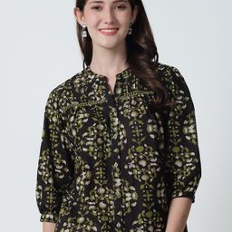 Feel Clath Floral Print Mandarin Collar Puff Sleeve Organic Cotton Shirt Style Top-image-71