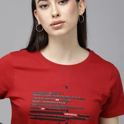The Roadster Lifestyle Co Women Red Typography Printed Pure Cotton T-shirt-23