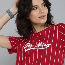 Harvard Women Red & White Striped And Typography Printed Pure Cotton T-shirt-image-51