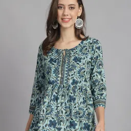 KALINI Floral Print Tie-Up Neck Pure Cotton A-Line Top-picture-56