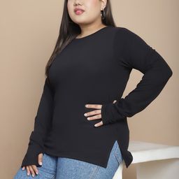 Rigo Plus Size Round Neck Thumb Hole Cotton Top-picture-4