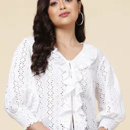 A.T.U.N. Self Design Puff Sleeves Ruffled Schiffli Cotton Top-picture-12