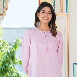 YASH GALLERY Tie-Up Neck Mirror Work Cotton Top-image-53