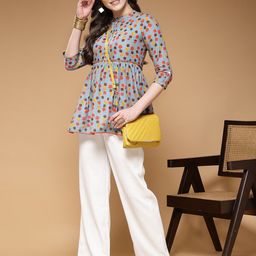 Indibelle Floral Printed Mandarin Collar Cotton Top-image-98